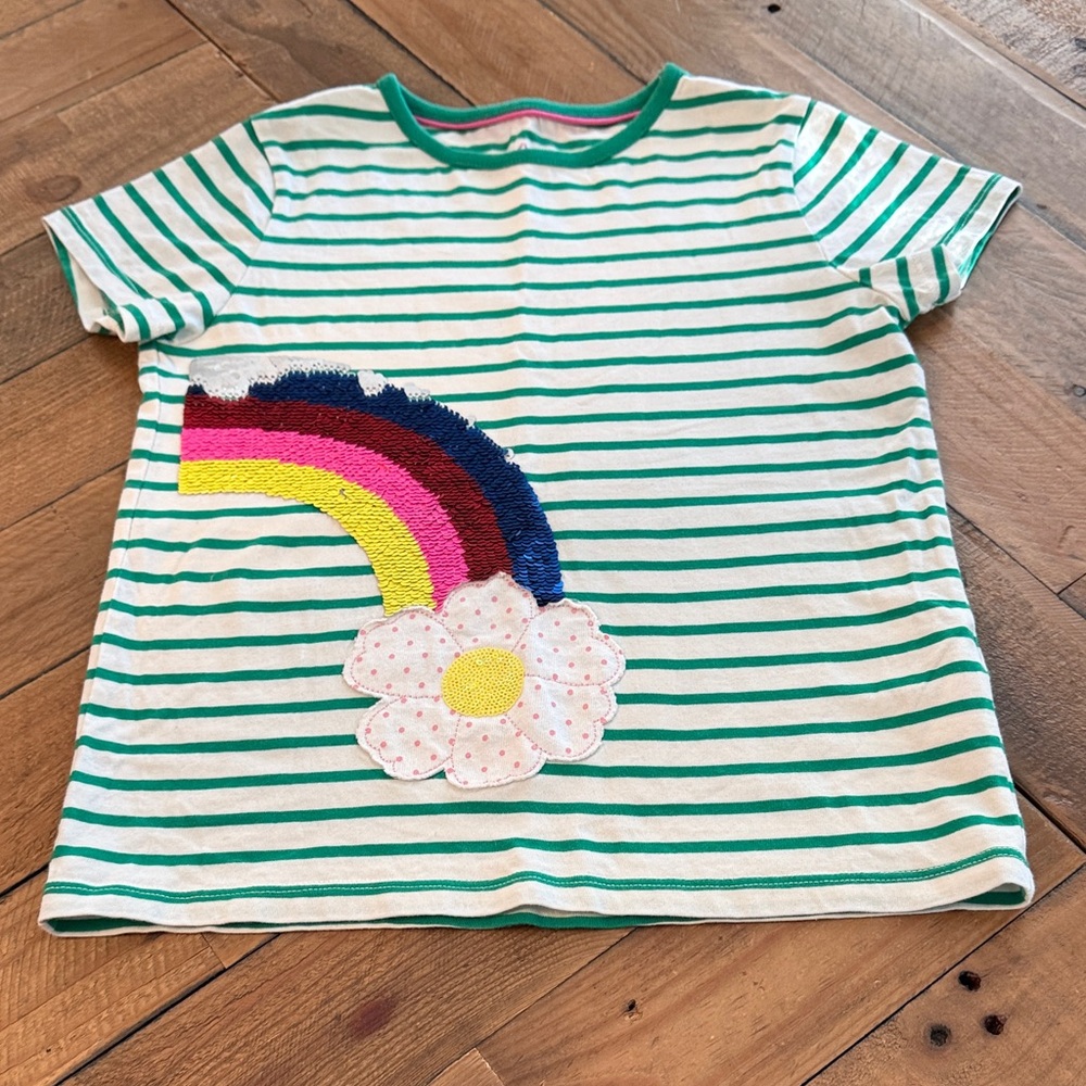 Mini Boden Green Striped Tee with Rainbow and Flower Size 9-10Y